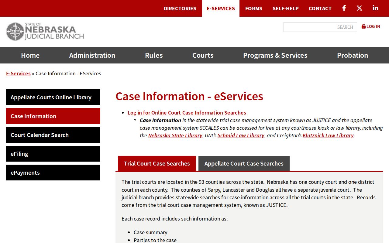 Nebraska JUSTICE statewide search choices for Grant County court cases